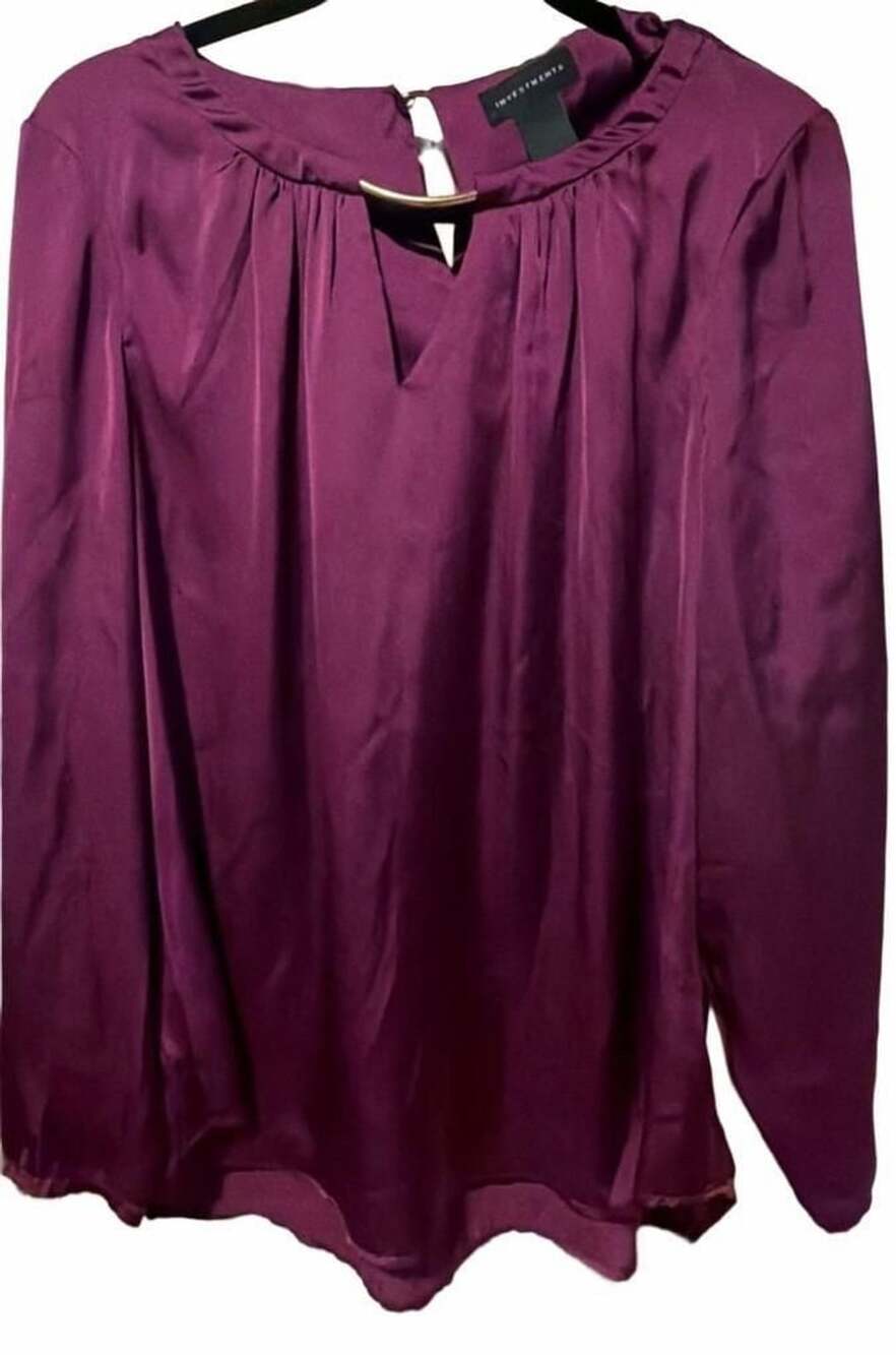 Investments Women's Purple Satin Long-Sleeve Blouse with Y-Neck and Gold Ring De